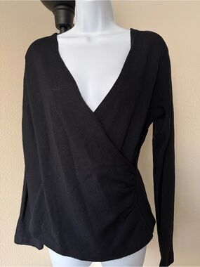St. John Black Wrap Front Long Sleeve Top